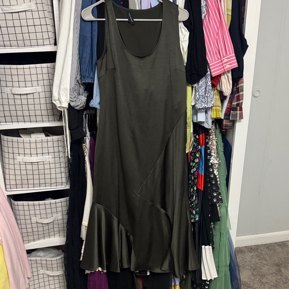 Club Monaco Olive Green Sleeveless Midi Dress with Flounce Hem